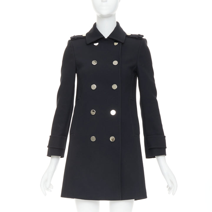 GUCCI black silver mirrored buttons double breasted military coat IT36 XXS