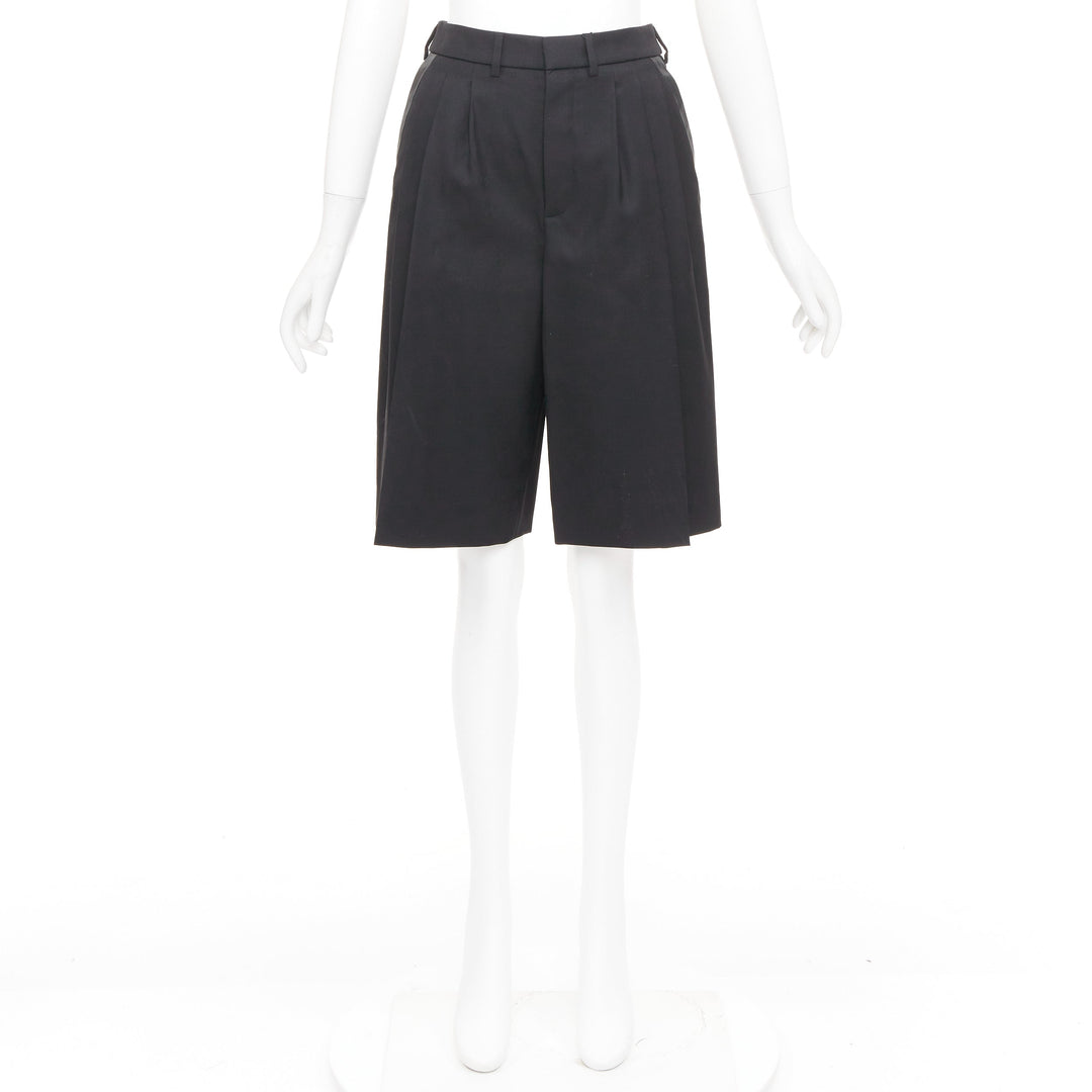 SAINT LAURENT 2012 black wool pleated high waist leather trim shorts FR36 S
