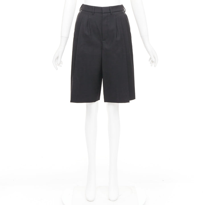 SAINT LAURENT 2012 black wool pleated high waist leather trim shorts FR36 S