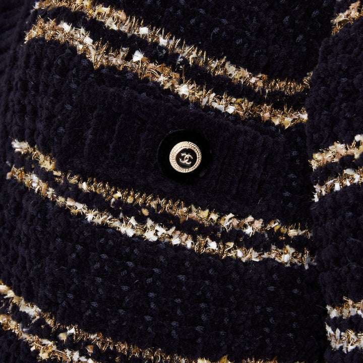 CHANEL 20A Runway navy gold wool blend tweed striped knit cardigan coat FR34 XS