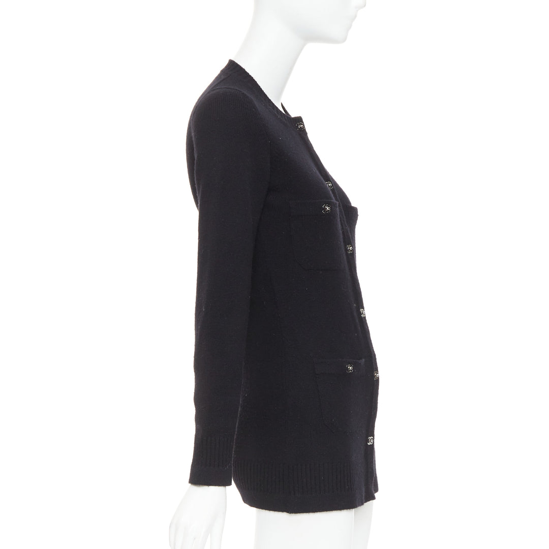 CHANEL 100% cashmere black silver-tone CC turnlock 4 pocket cardigan FR34 XS