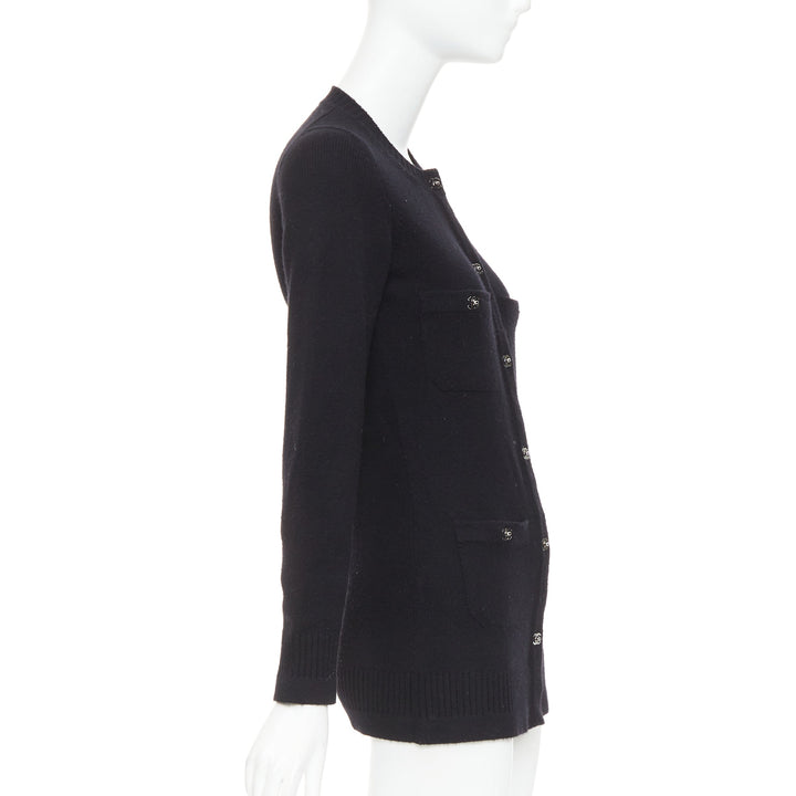 CHANEL 100% cashmere black silver-tone CC turnlock 4 pocket cardigan FR34 XS
