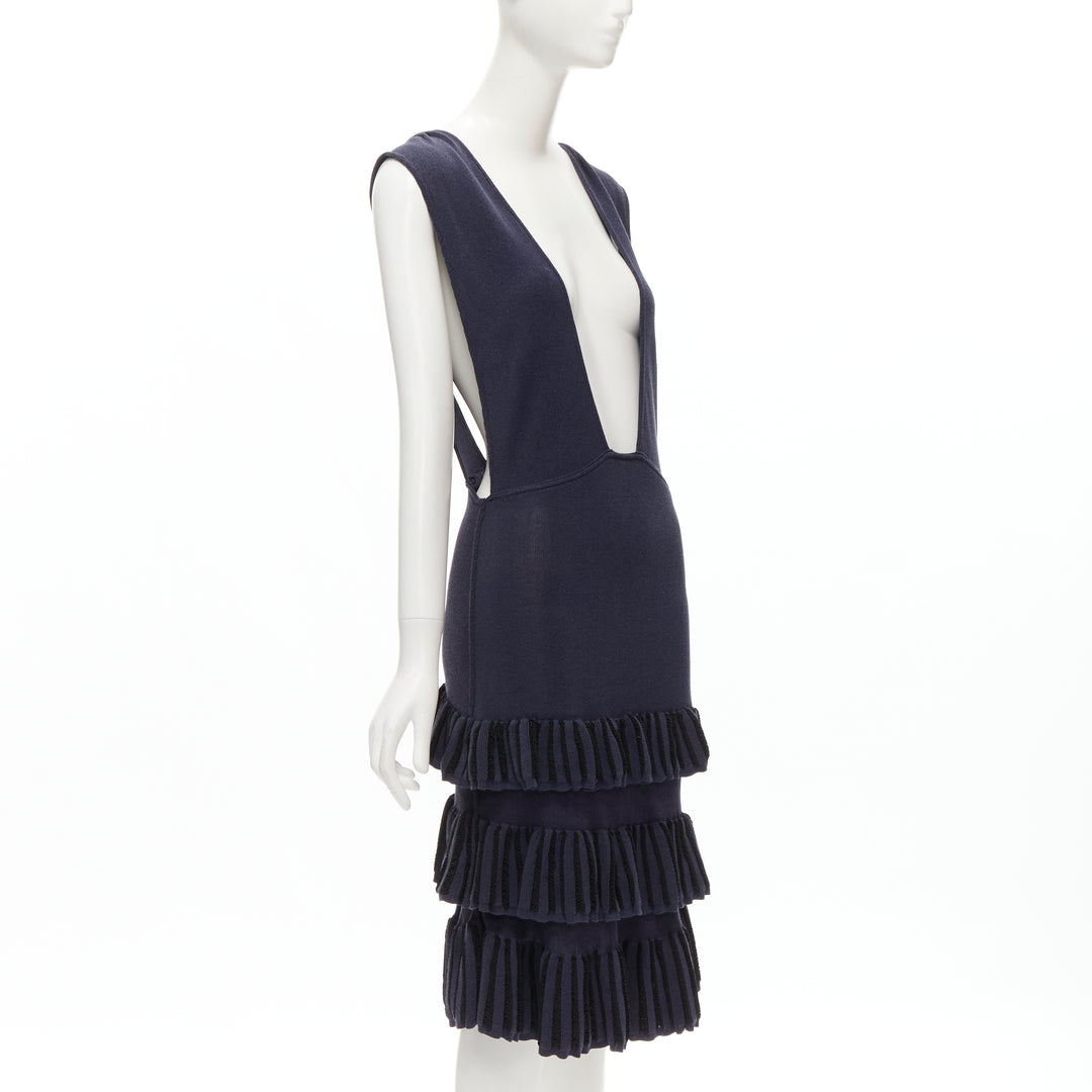 AZZEDINE ALAIA Vintage 1980's navy knitted tiered ruffles plunge neck dress