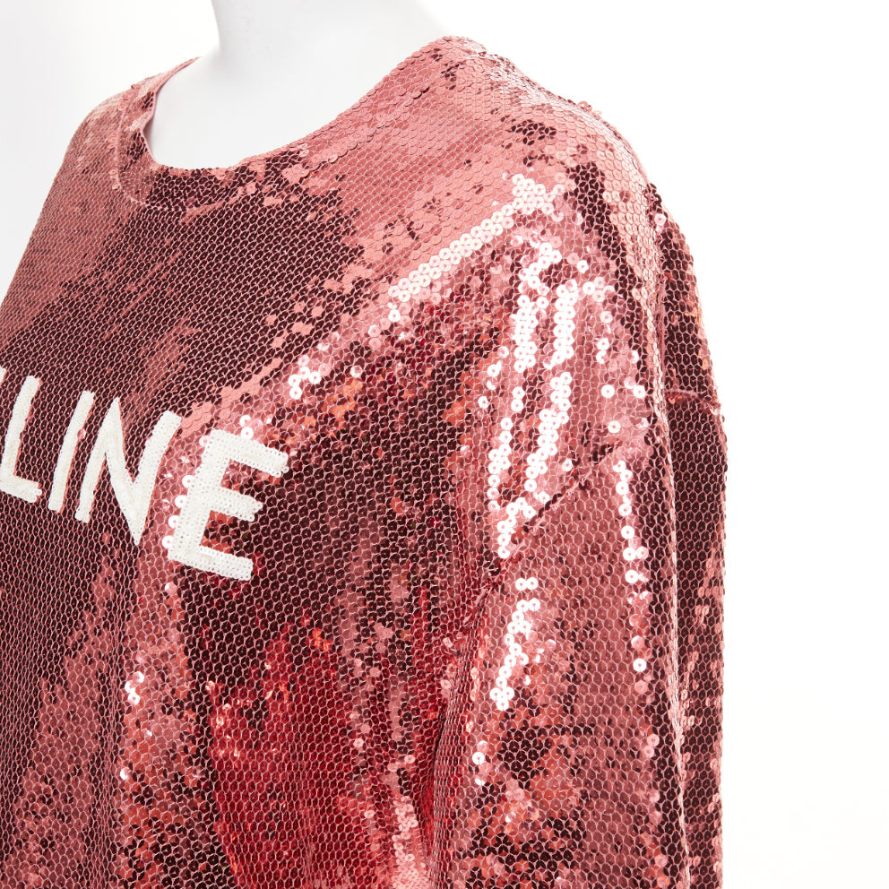 CELINE 2022 Runway rose pink white sequin logo oversized jersey tshirt M