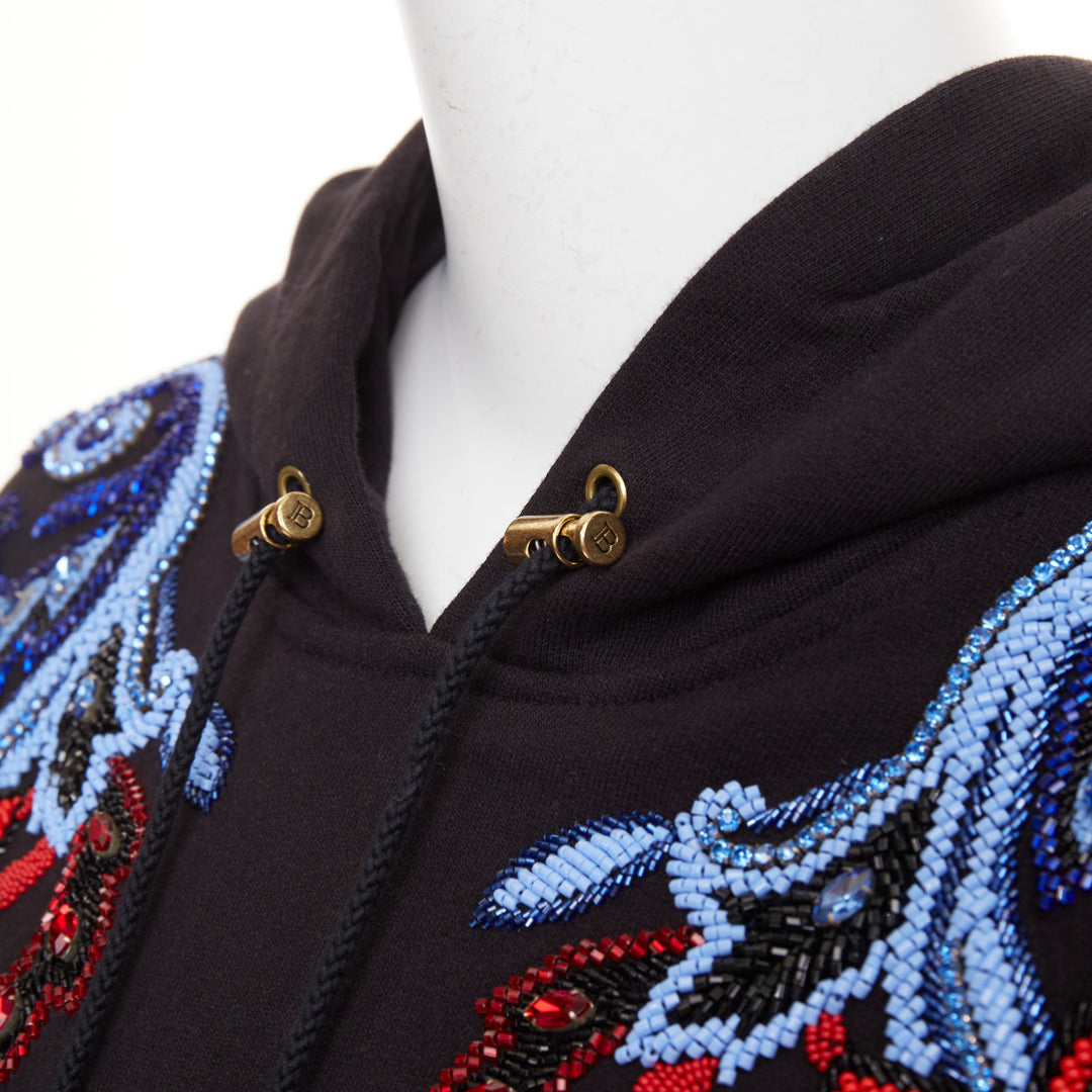 BALMAIN crystal rhinestone bead baroque logo black cropped fleece hoodie XXS