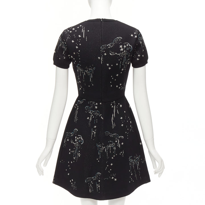 VALENTINO black glitter cloud star jacquard short sleeve fit flare dress S