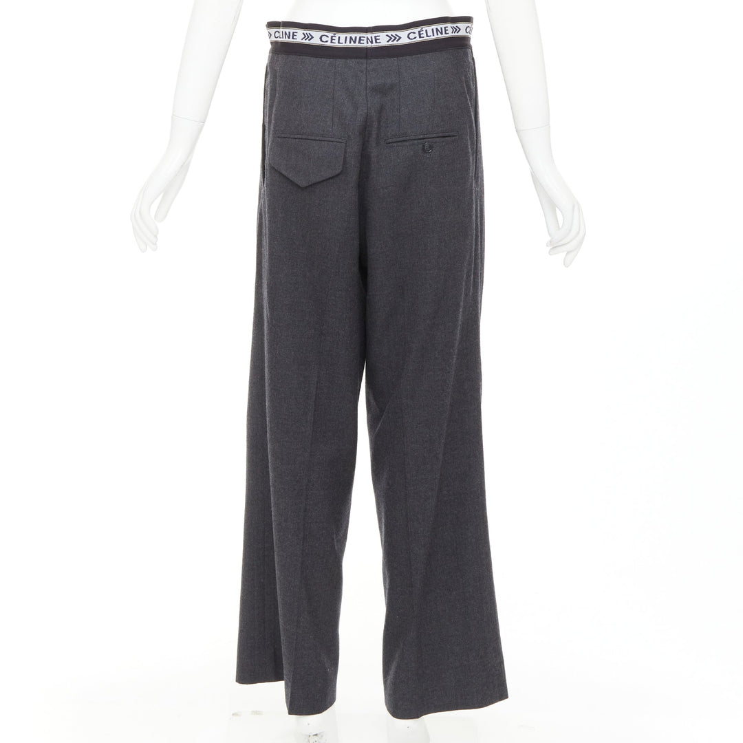 CELINE Phoebe Philo grey wool logo waistband wide leg trousers FR34 XS