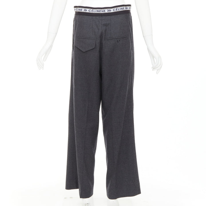 CELINE Phoebe Philo grey wool logo waistband wide leg trousers FR34 XS