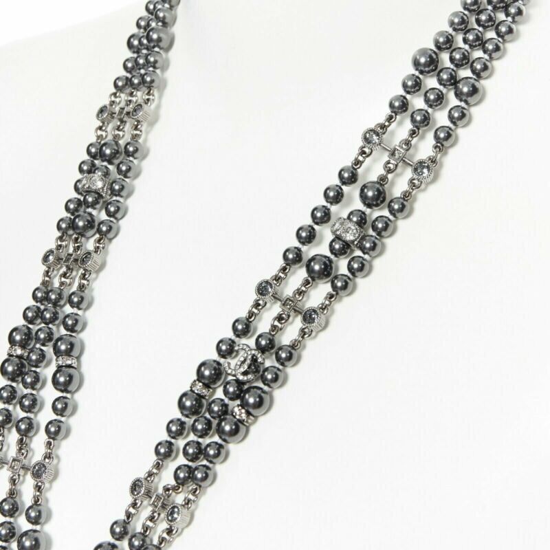 CHANEL black triple strand pearl strass crystal clasp CC pendent necklace