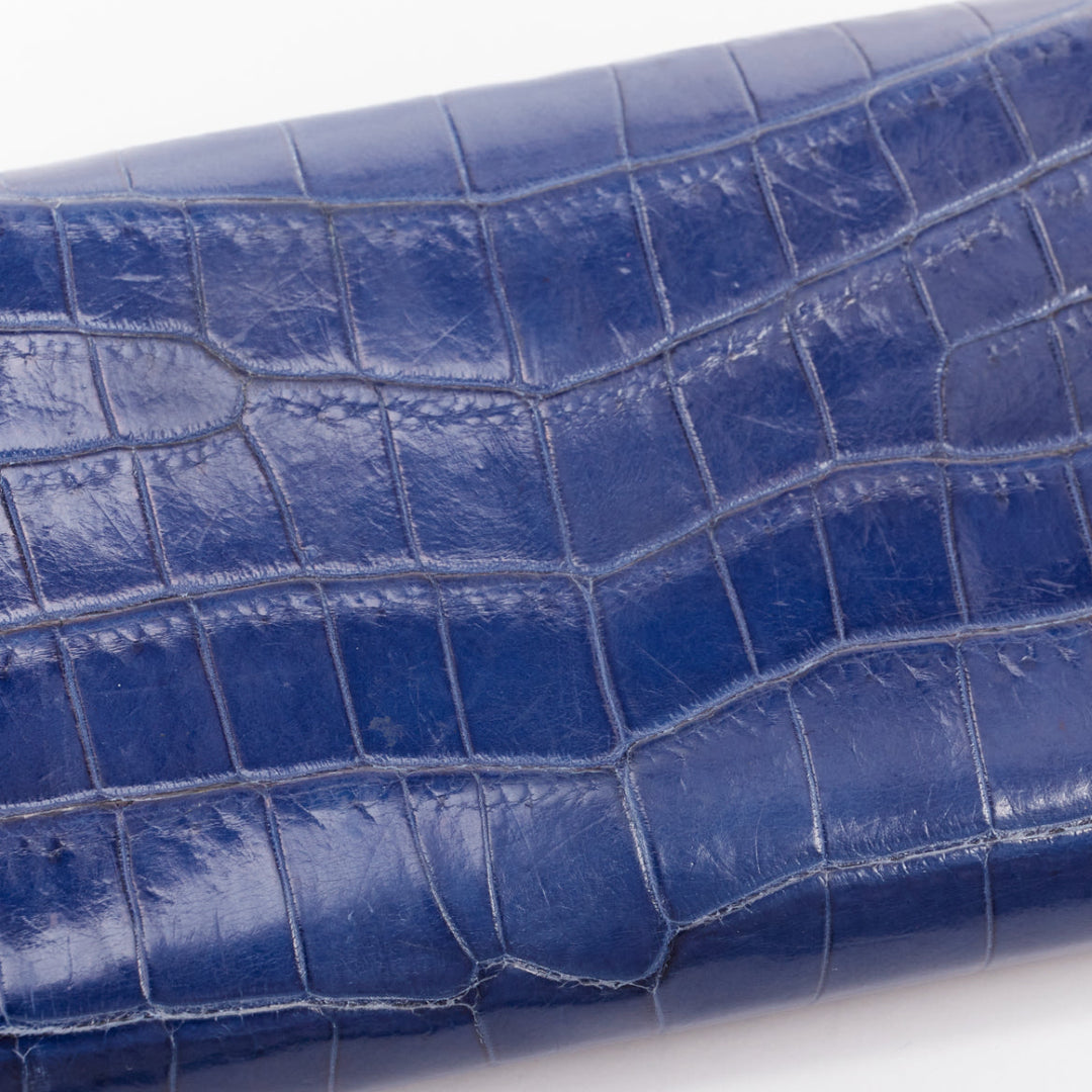 BOTTEGA VENETA blue black ombre genuine scaled leather long flap wallet