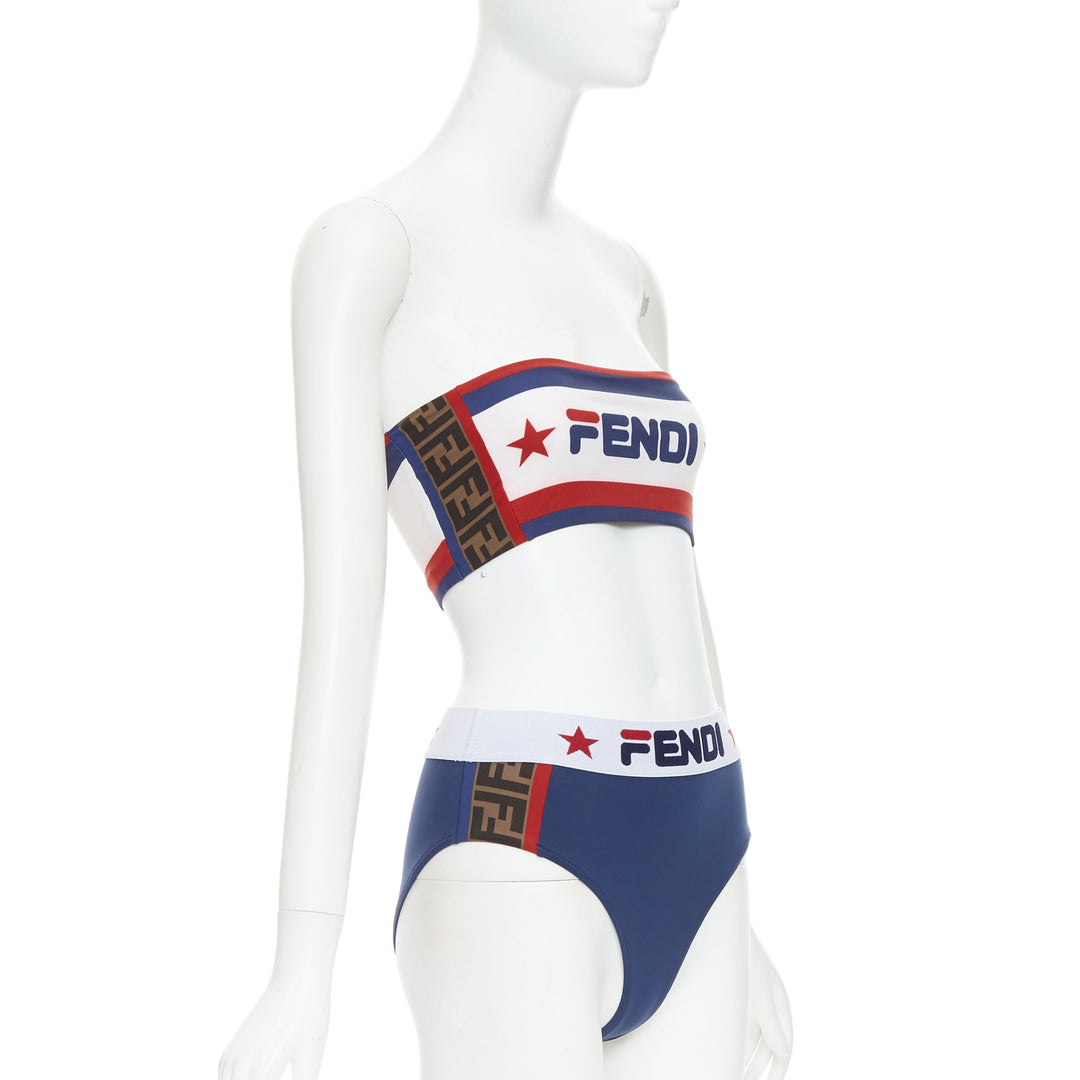 FENDI FILA blue red white logo star colorblock bandeau bikini swim set IT36 XXS