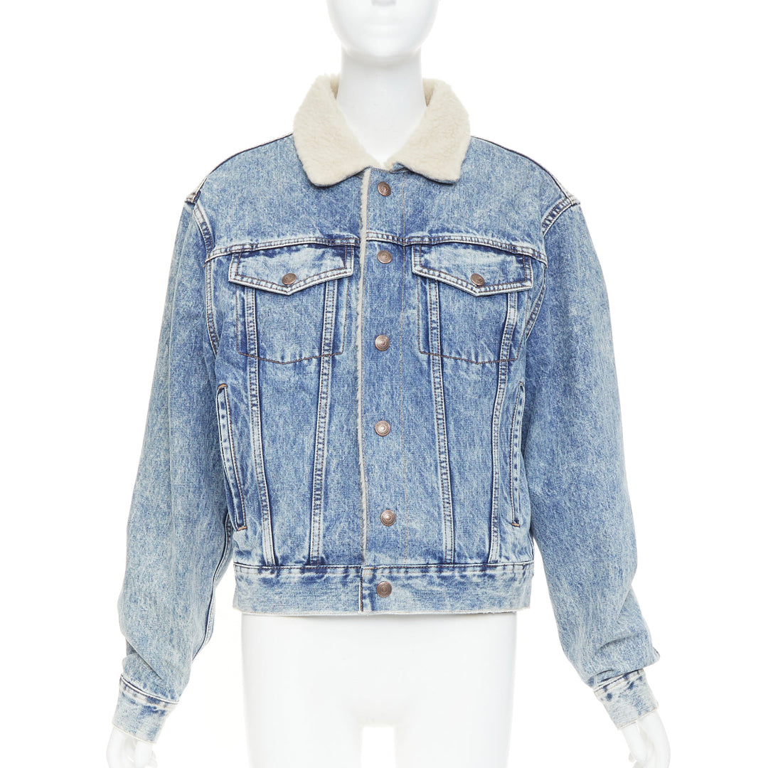 CELINE 2021 Hedi Slimane bleached denim cream shearling lined trucker jacket XS