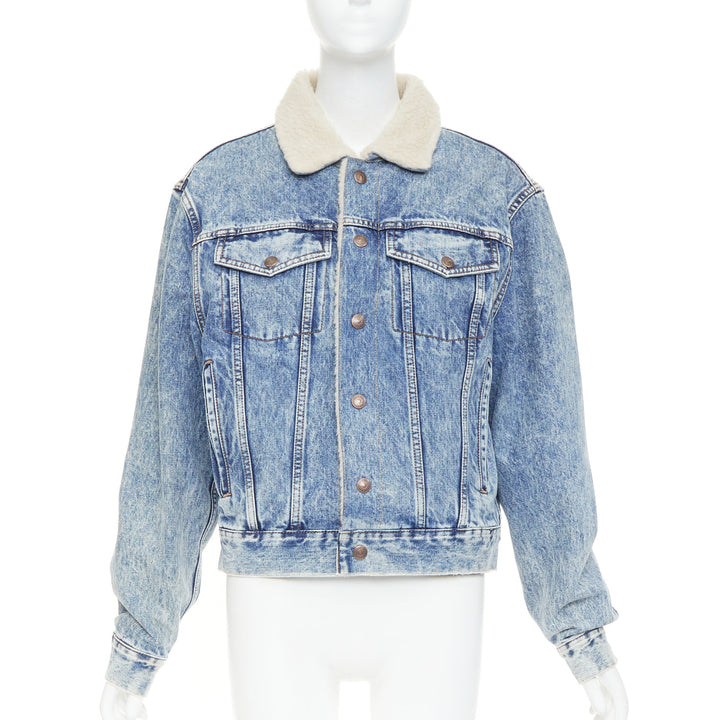 CELINE 2021 Hedi Slimane bleached denim cream shearling lined trucker jacket XS