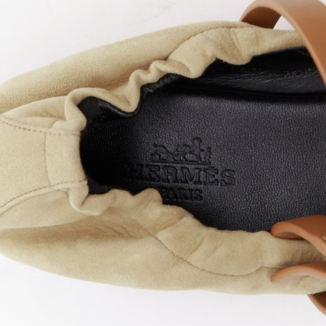 HERMES 2024 Jolly brown suede goatskin brown straps Maryjane ballet flats EU36.5