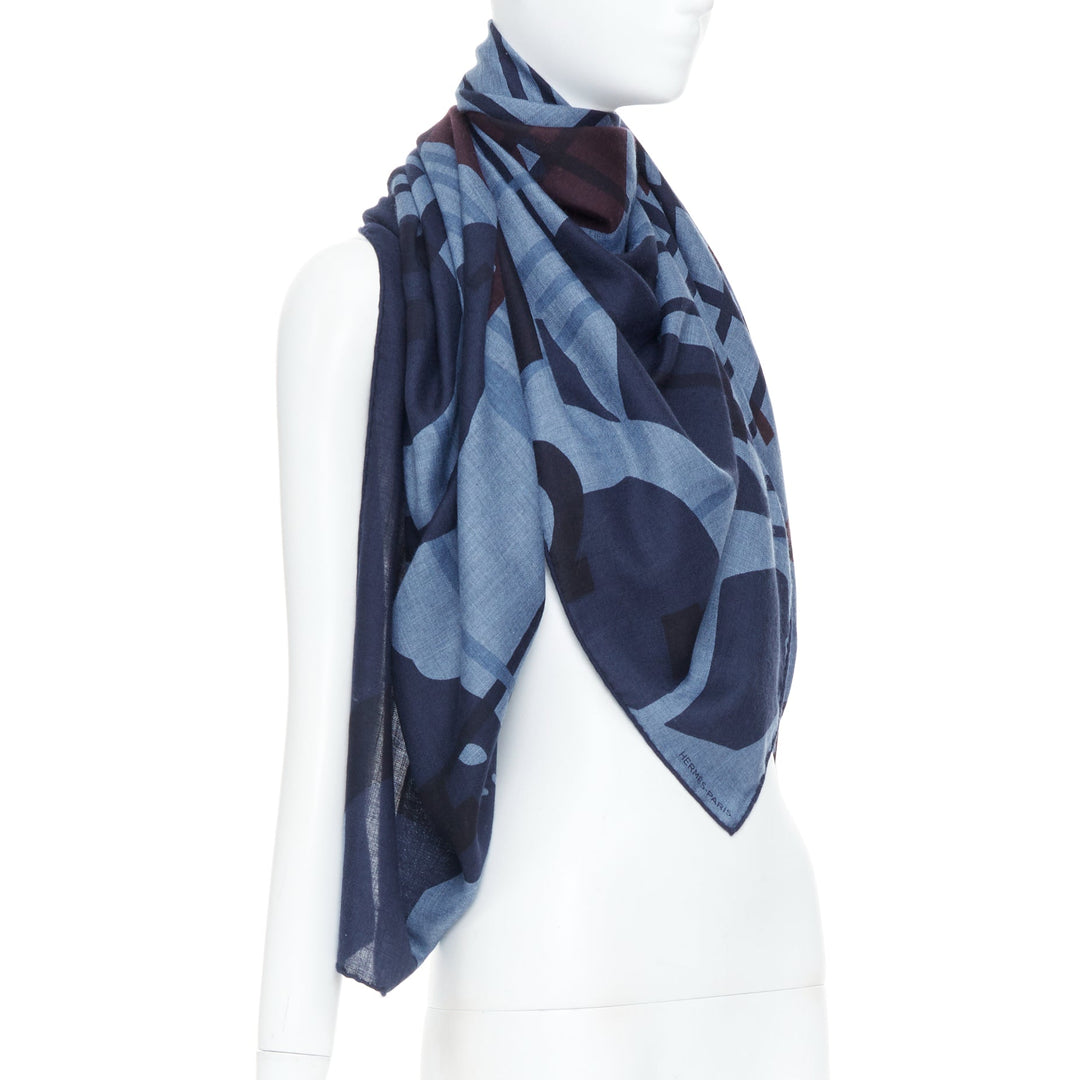 HERMES Imprimeur Fou Brides et Frontaux 140cm navy printed cashmere silk shawl