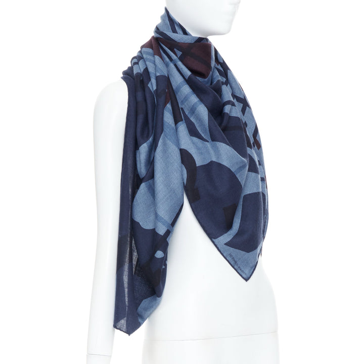 HERMES Imprimeur Fou Brides et Frontaux 140cm navy printed cashmere silk shawl