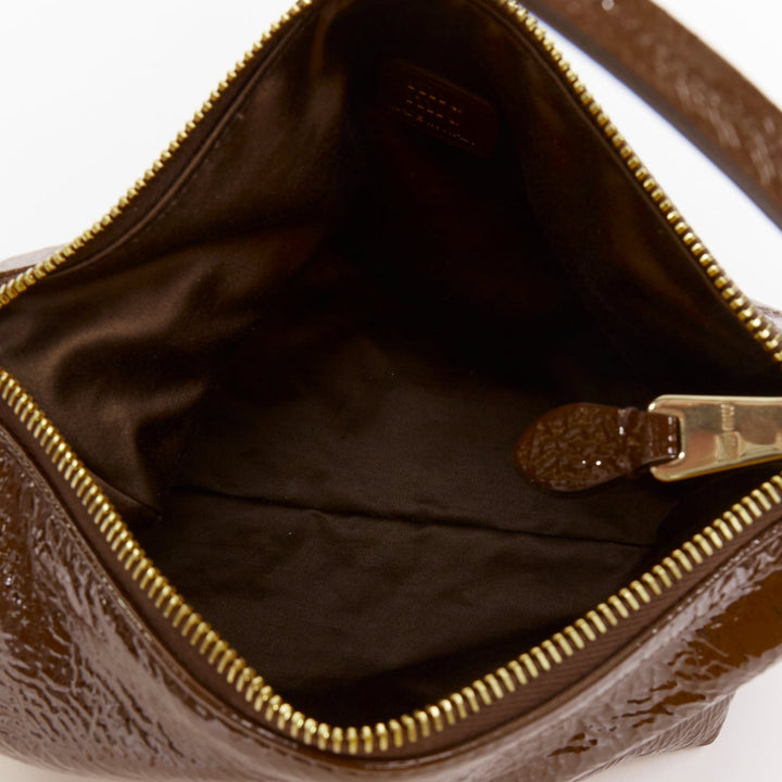 MIU MIU 2024 brown Naplak patent leather gold logo mini pouch bag