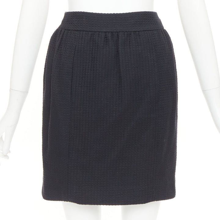 CHANEL 07C black cotton tweed ruched waist silk lined mini skirt FR36 S