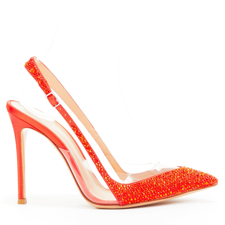 GIANVITO ROSSI red strass crystal encrusted clear PVC slingback pump EU37.5