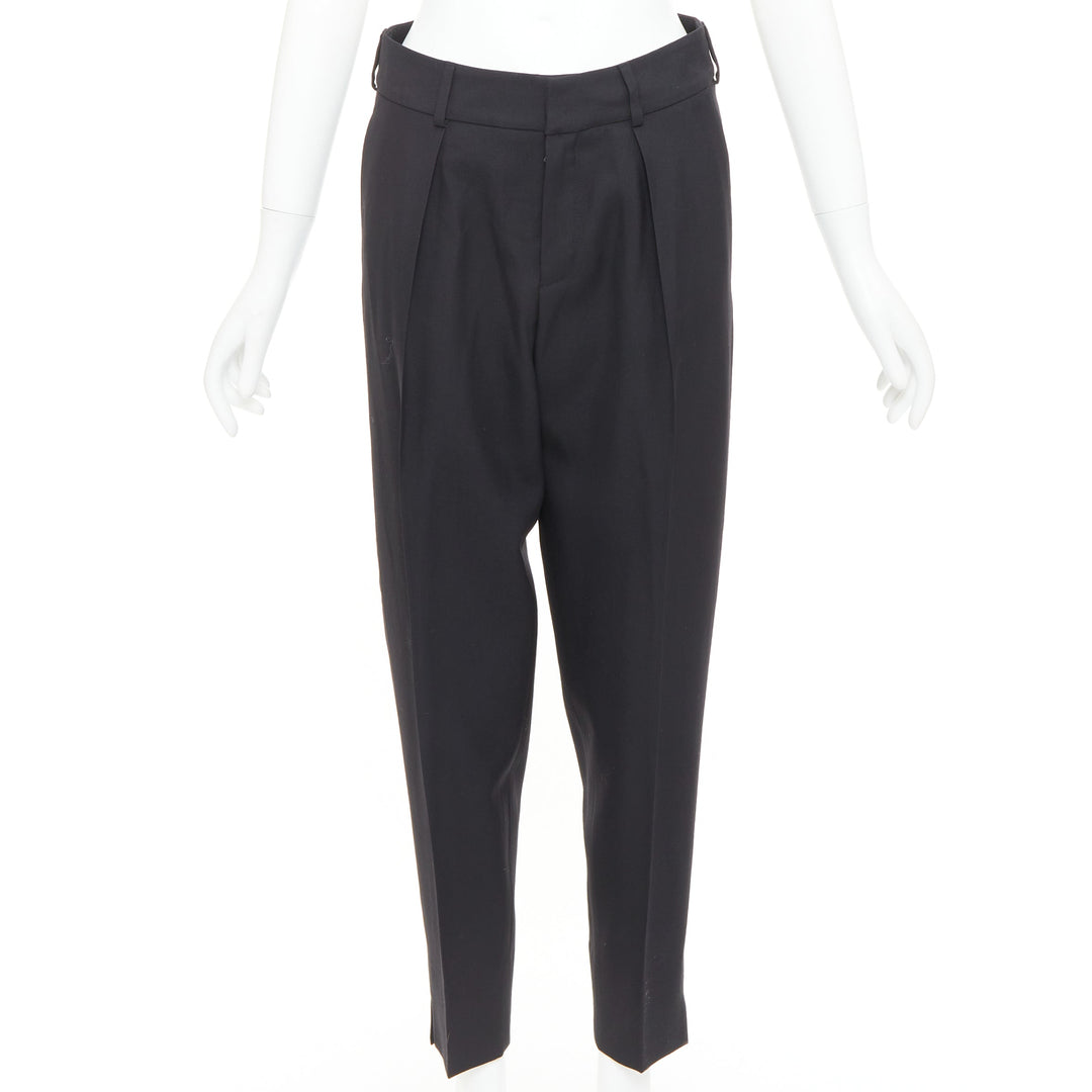 SAINT LAURENT 2017 black wool pleat front tapered silk lined trousers FR36 S