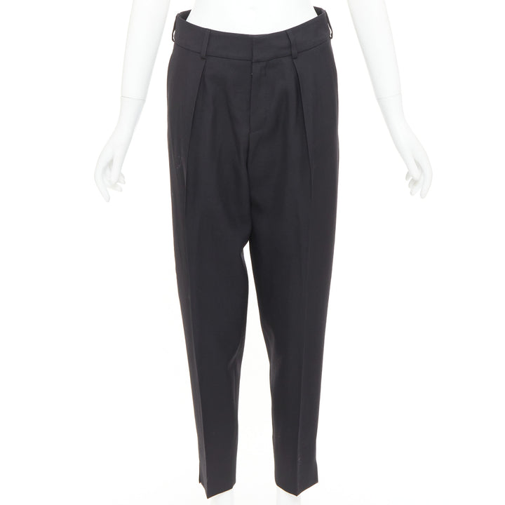 SAINT LAURENT 2017 black wool pleat front tapered silk lined trousers FR36 S