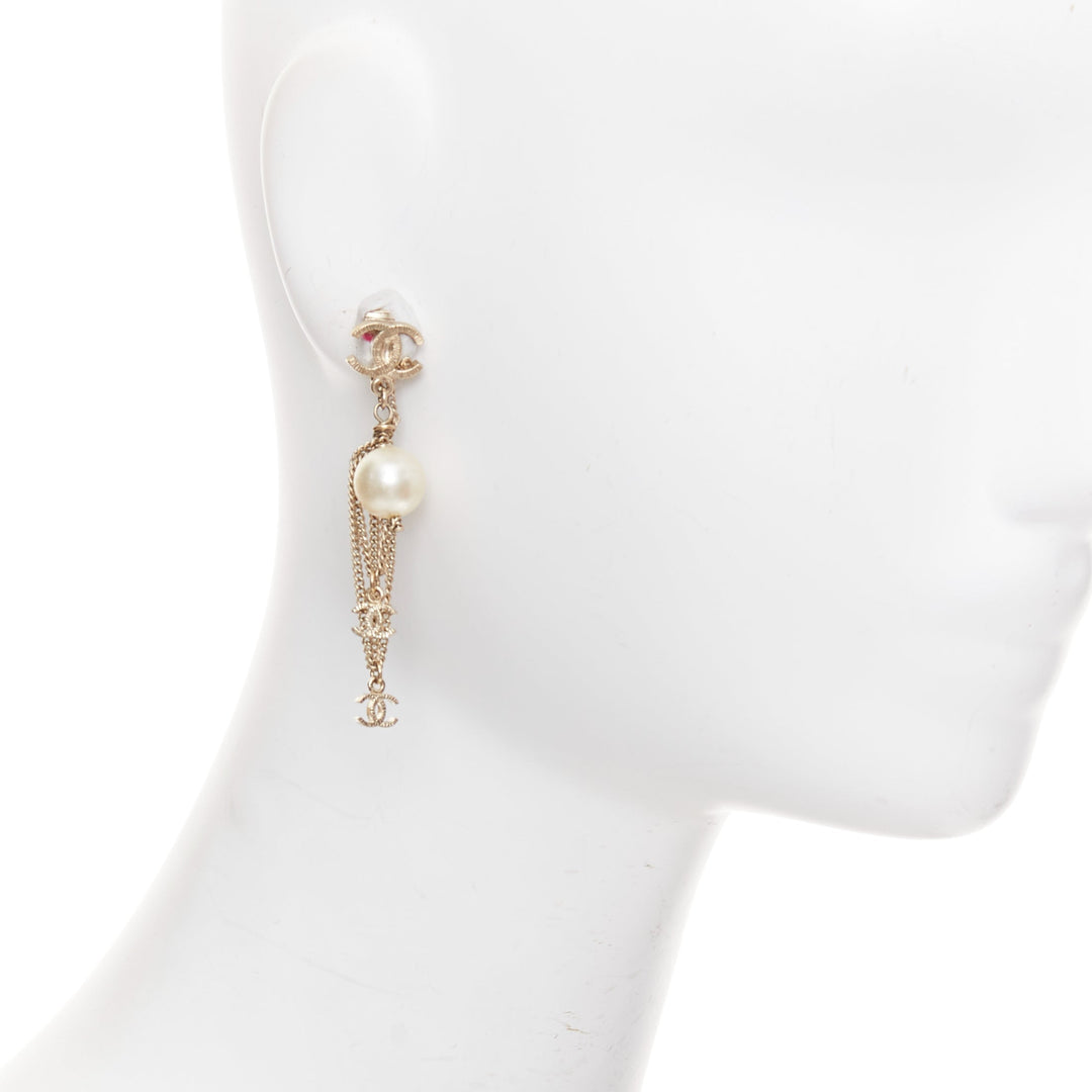 CHANEL 09A gold triple CC logo faux pearl PVC drop clip earrings Pair