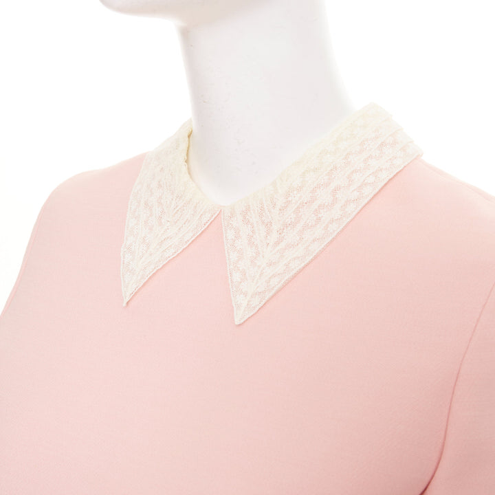 CHRISTIAN DIOR cream lace collar blush pink wool silk fit flare dress FR38 M