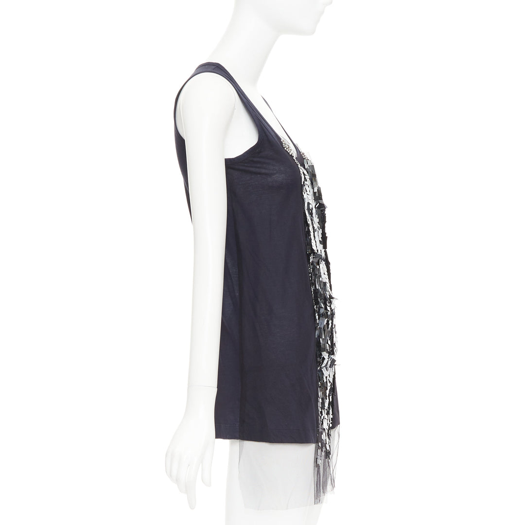 VERA WANG navy cotton silk sheer overlay paillette beaded scoop tank top S