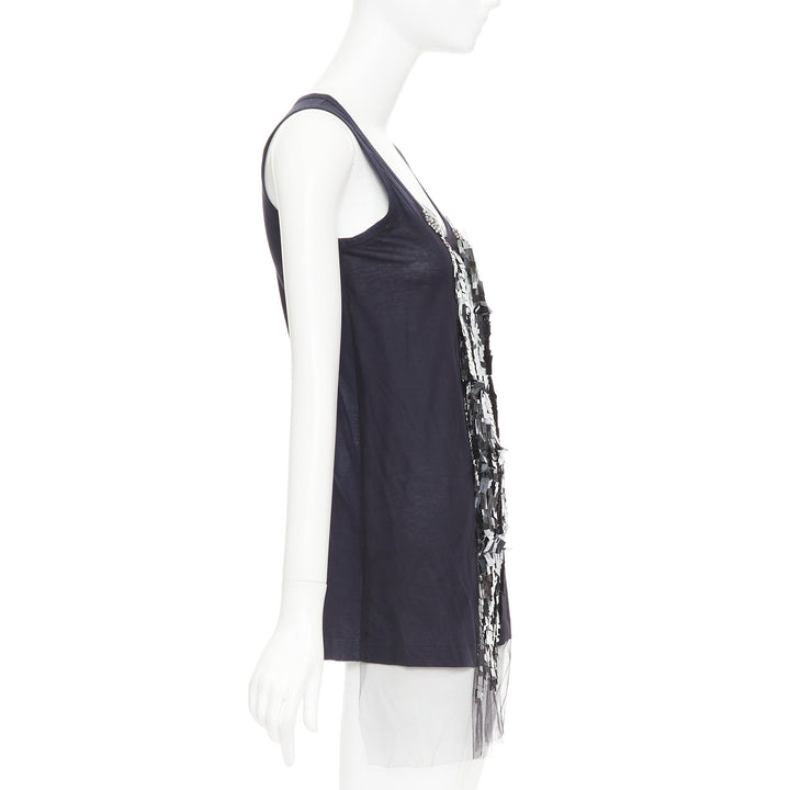 VERA WANG navy cotton silk sheer overlay paillette beaded scoop tank top S