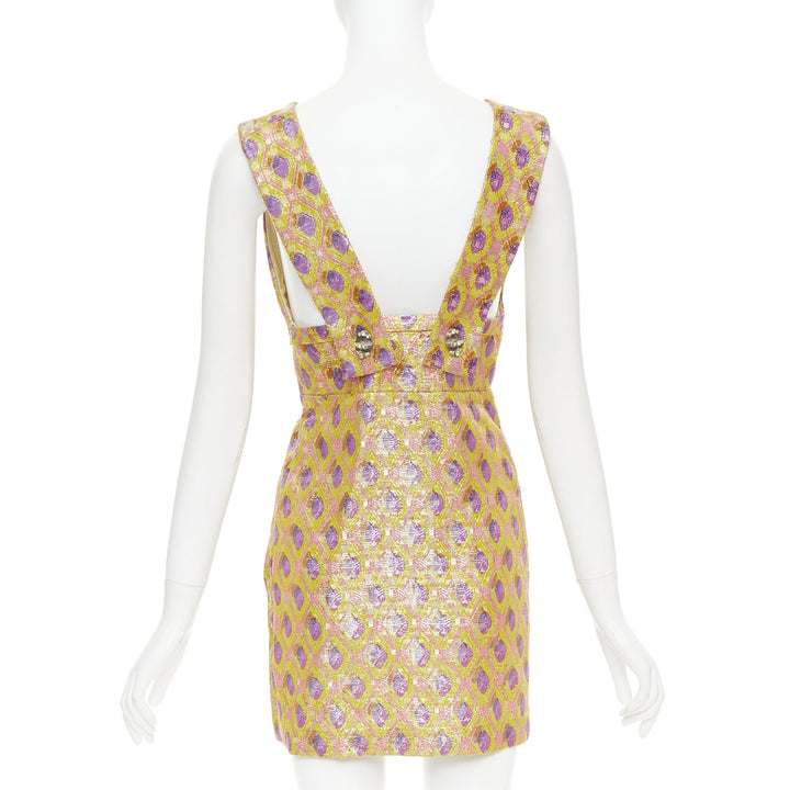 MIU MIU 2009 yellow purple silk wool abstract jacquard turnlock dress IT36 XXS