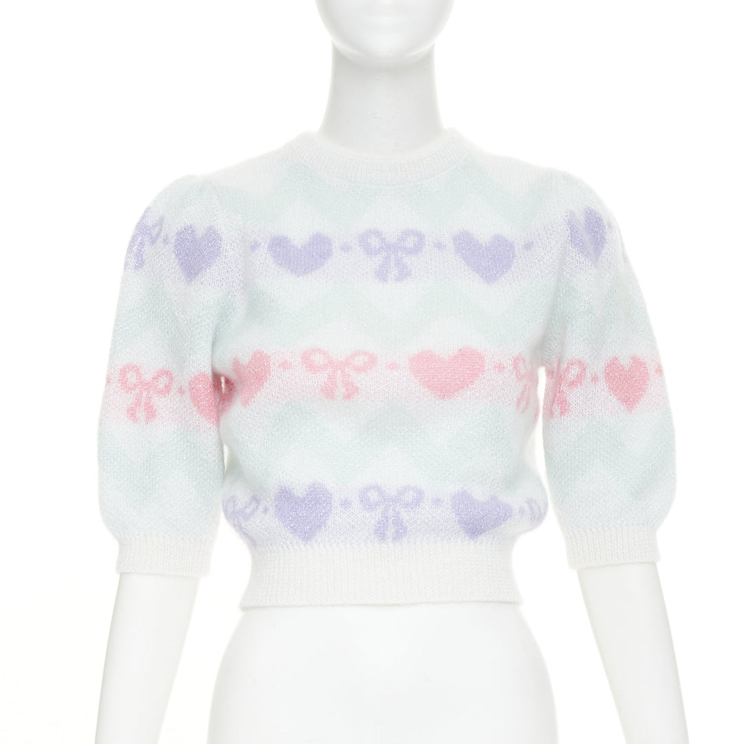 ALESSANDRA RICH Pastel hearts bows jacquard metallic mohair blend top IT38 XS