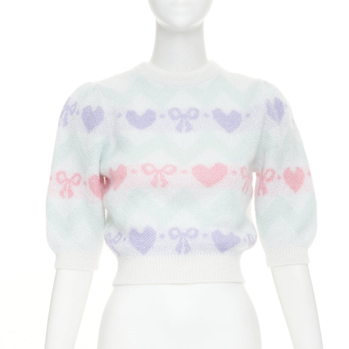 ALESSANDRA RICH Pastel hearts bows jacquard metallic mohair blend top IT38 XS