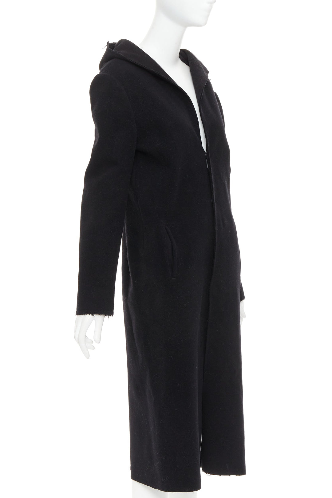 YOHJI YAMAMOTO black wool cotton linen hooded long coat JP1 S