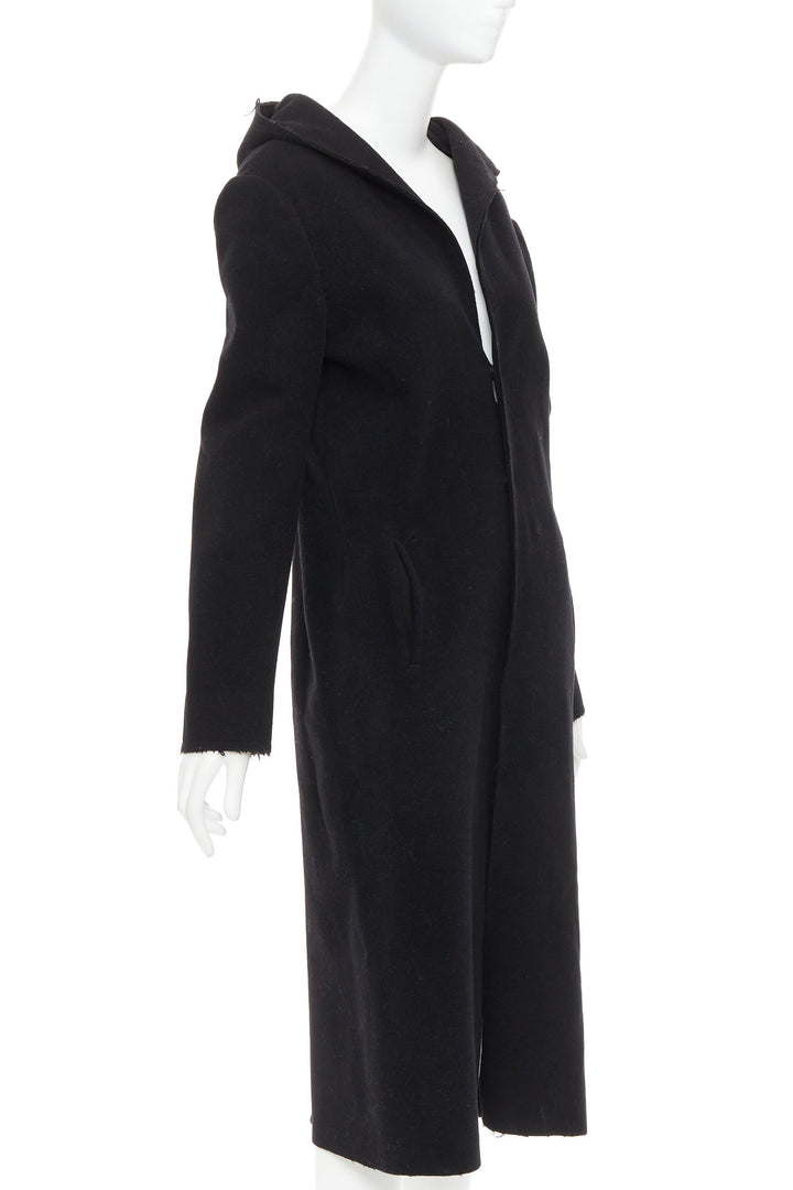 YOHJI YAMAMOTO black wool cotton linen hooded long coat JP1 S