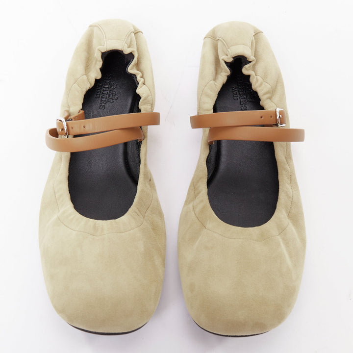 HERMES 2024 Jolly brown suede goatskin brown straps Maryjane ballet flats EU36.5
