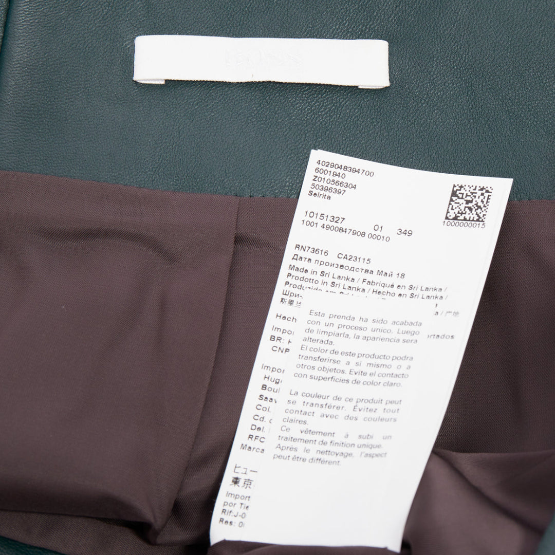 BOSS dark green panelled lambskin leather exposed silver zip pencil skirt US2 S
