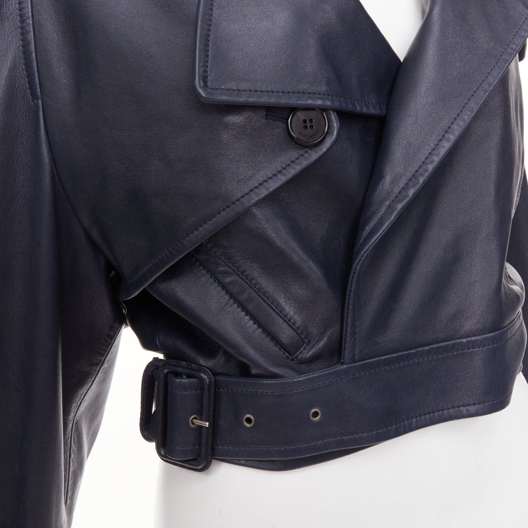 SAINT LAURENT 2023 Runway navy blue lambskin Power belted cropped biker jacket