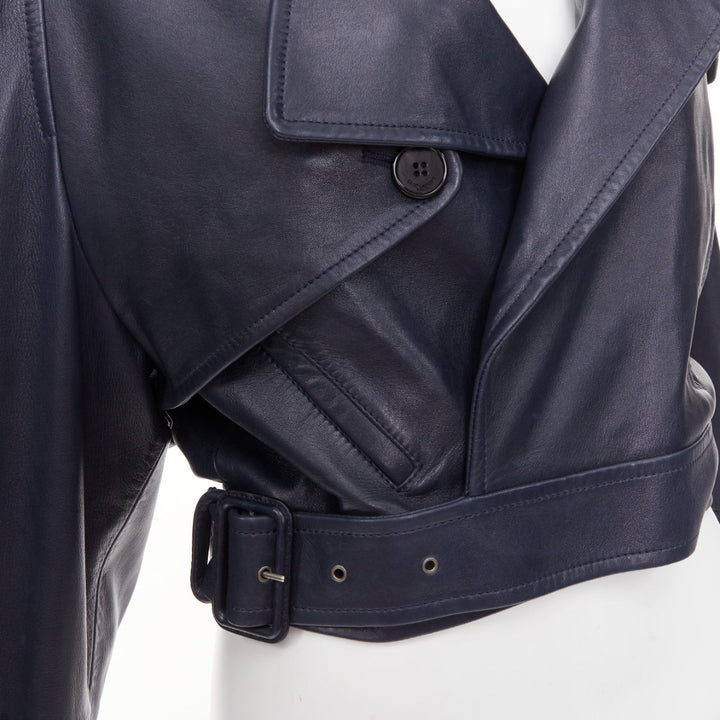 SAINT LAURENT 2023 Runway navy blue lambskin Power belted cropped biker jacket