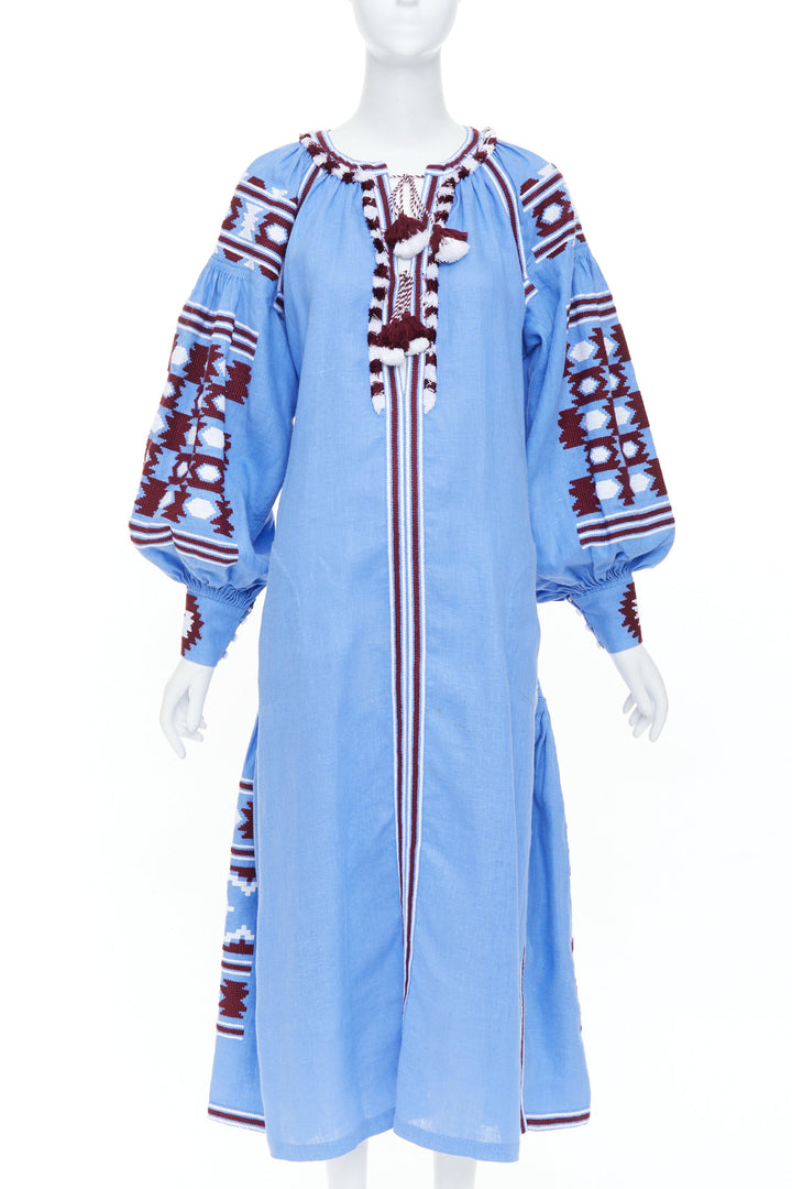 VITA KIN blue linen red folk ethnic embroidery boho peasant kaftan dress S/D