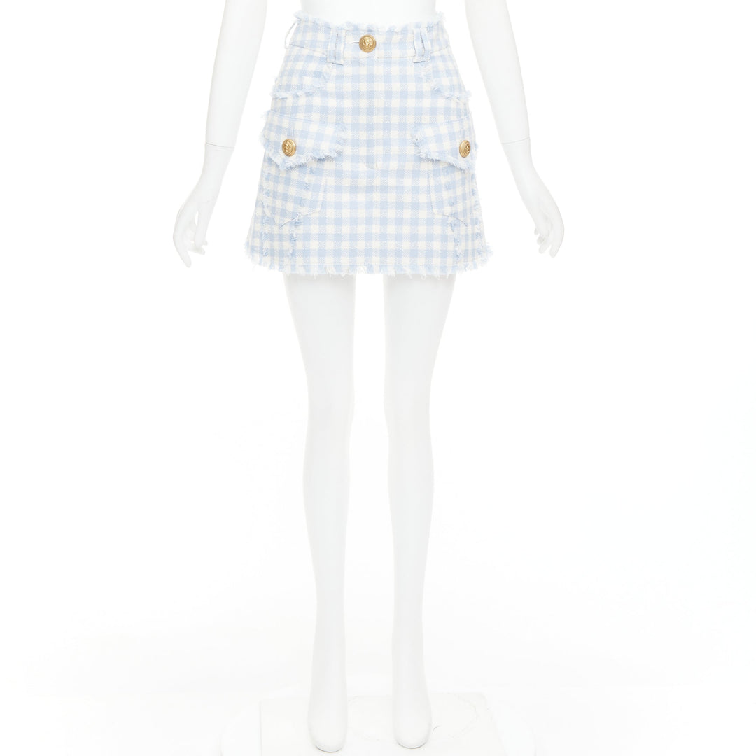 BALMAIN light blue white checked cotton tweed cargo pocket skirt FR34 XS