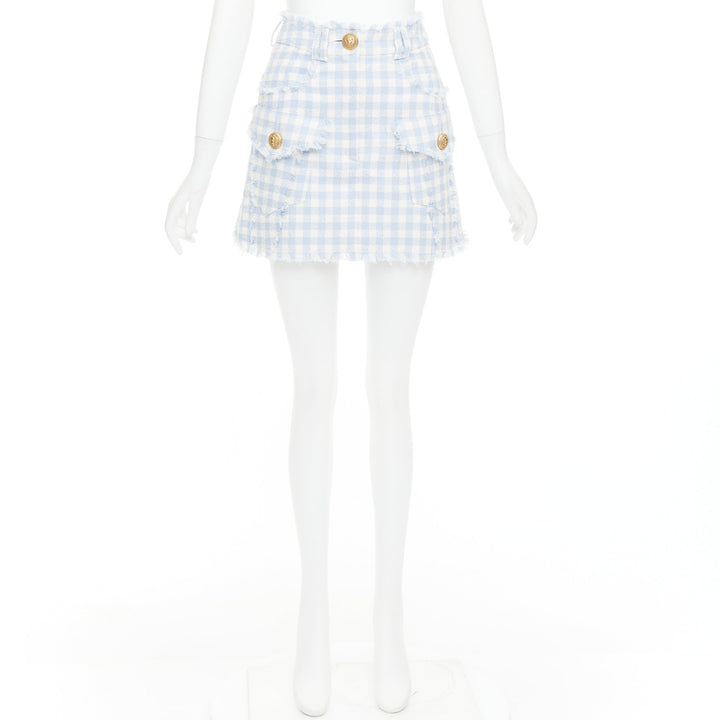 BALMAIN light blue white checked cotton tweed cargo pocket skirt FR34 XS