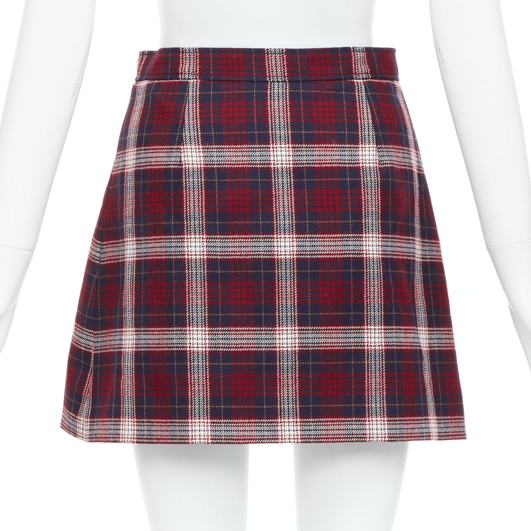 DIOR 2021 red navy virgin wool plaid silk lined A-line skirt FR34 XS