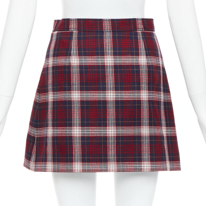 DIOR 2021 red navy virgin wool plaid silk lined A-line skirt FR34 XS