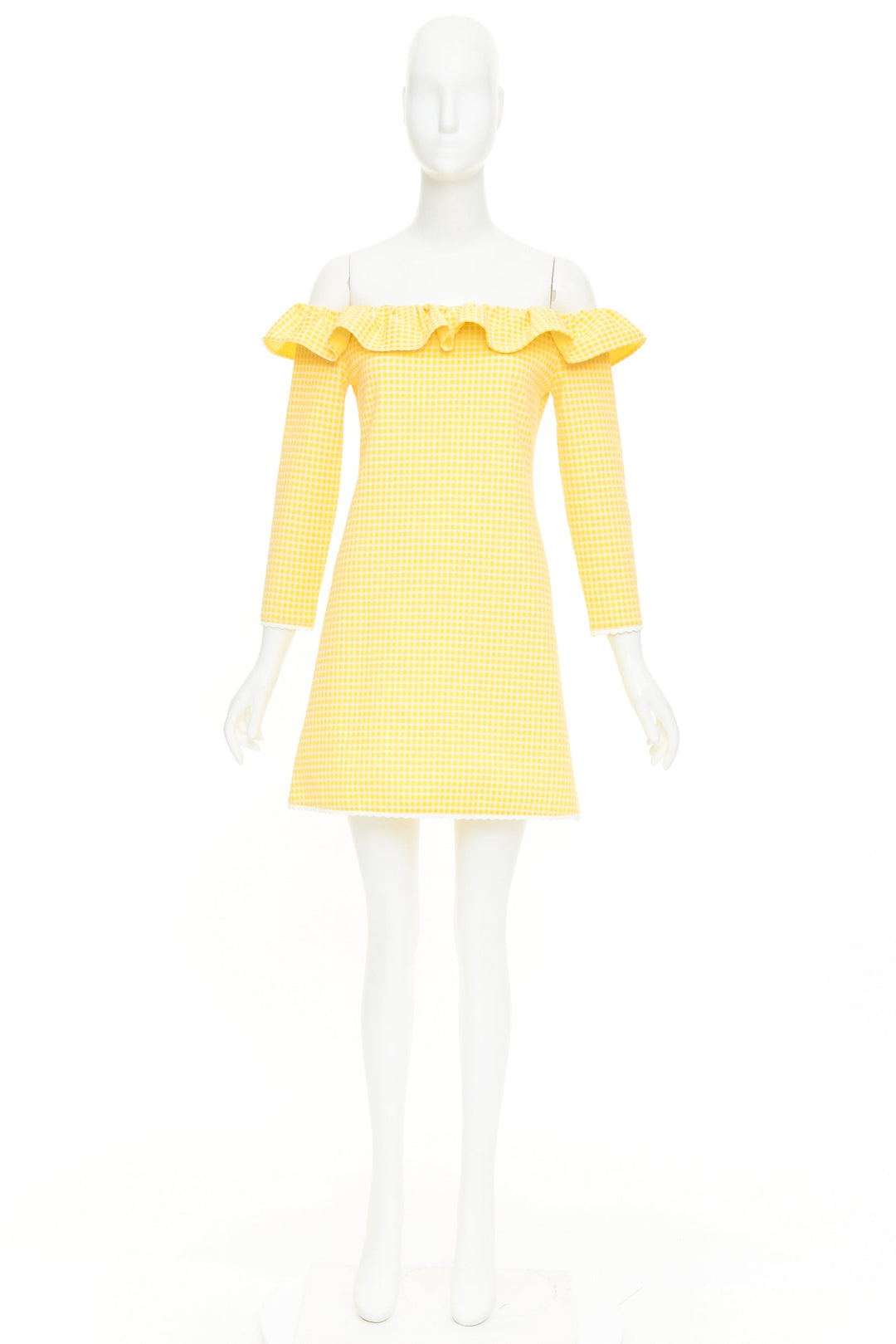 MIU MIU 2019 yellow white gingham check ruffle off shoulder mini dress M