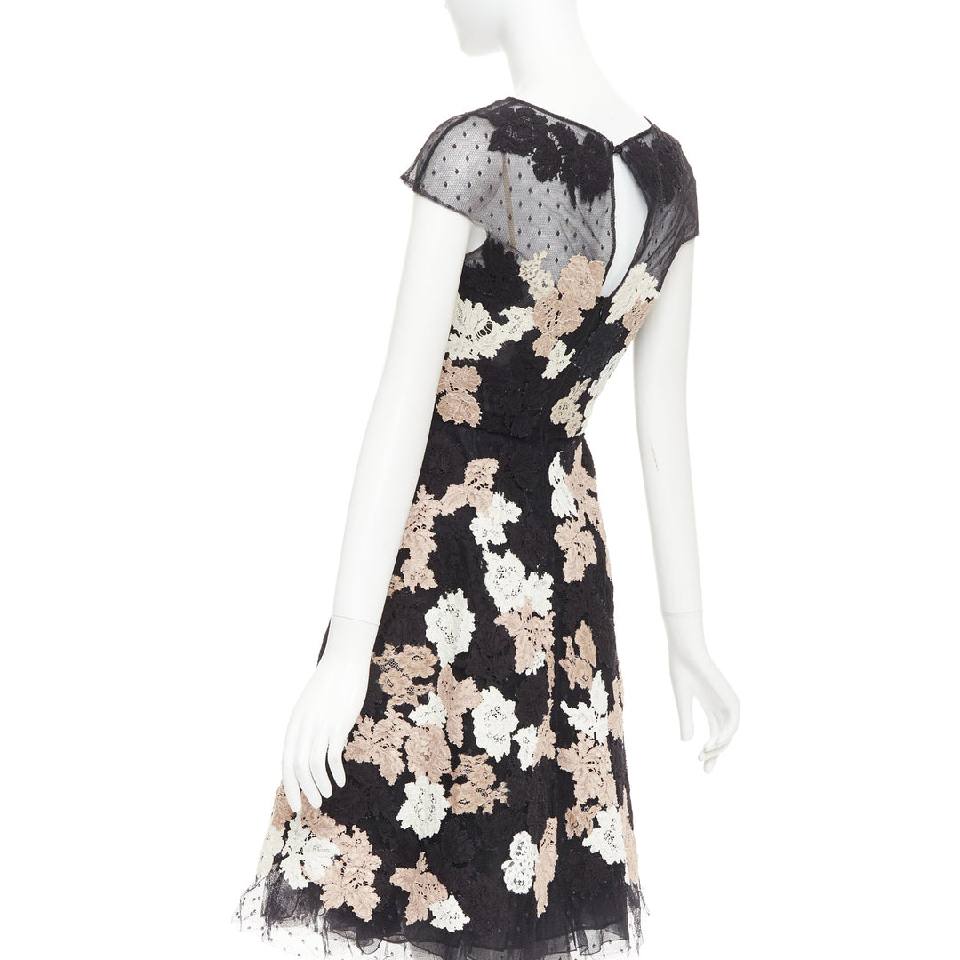 VALENTINO 2013 Runway black ivory beige lace Point d'Esprit sheer midi dress