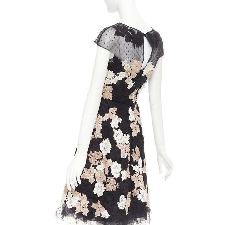 VALENTINO 2013 Runway black ivory beige lace Point d'Esprit sheer midi dress