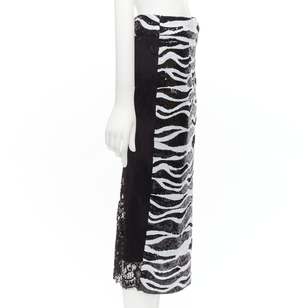 DOLCE GABBANA 2022 black white zebra sequins chantilly lace back skirt IT38 XS