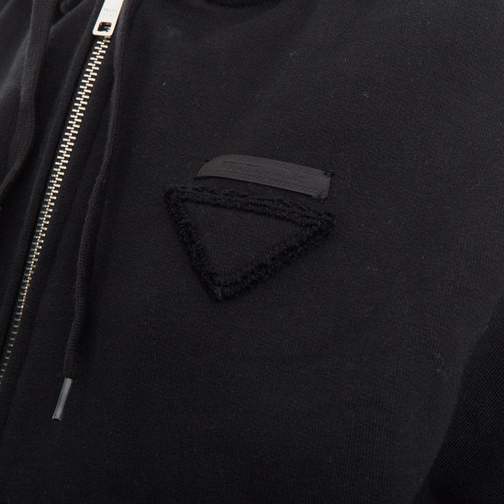 PRADA 2021 tonal black cotton knit triangle logo zip up cropped hoodie jacket S