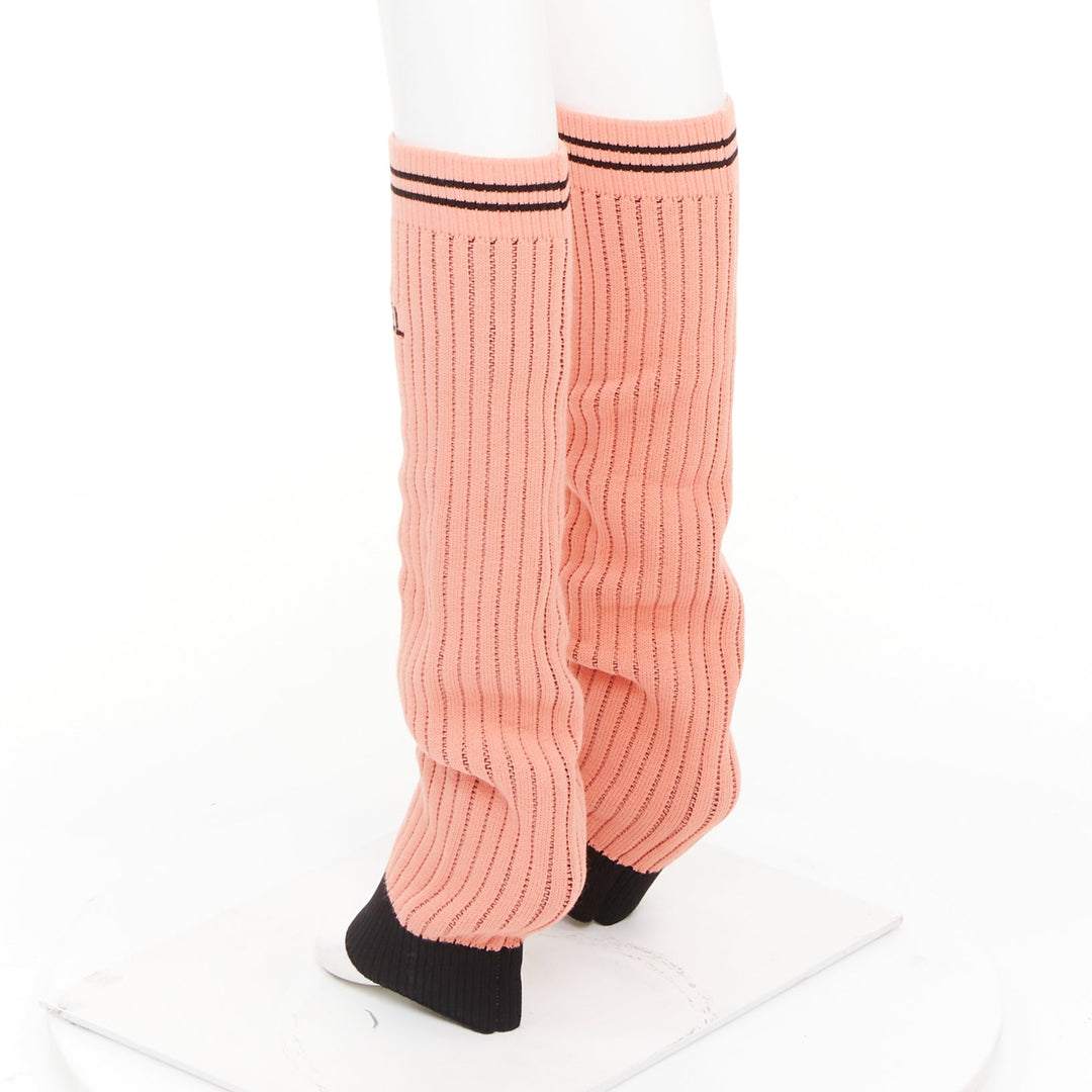 CHANEL 24C Runway CC logo pink black ribbed knit striped trim leg warmers OS