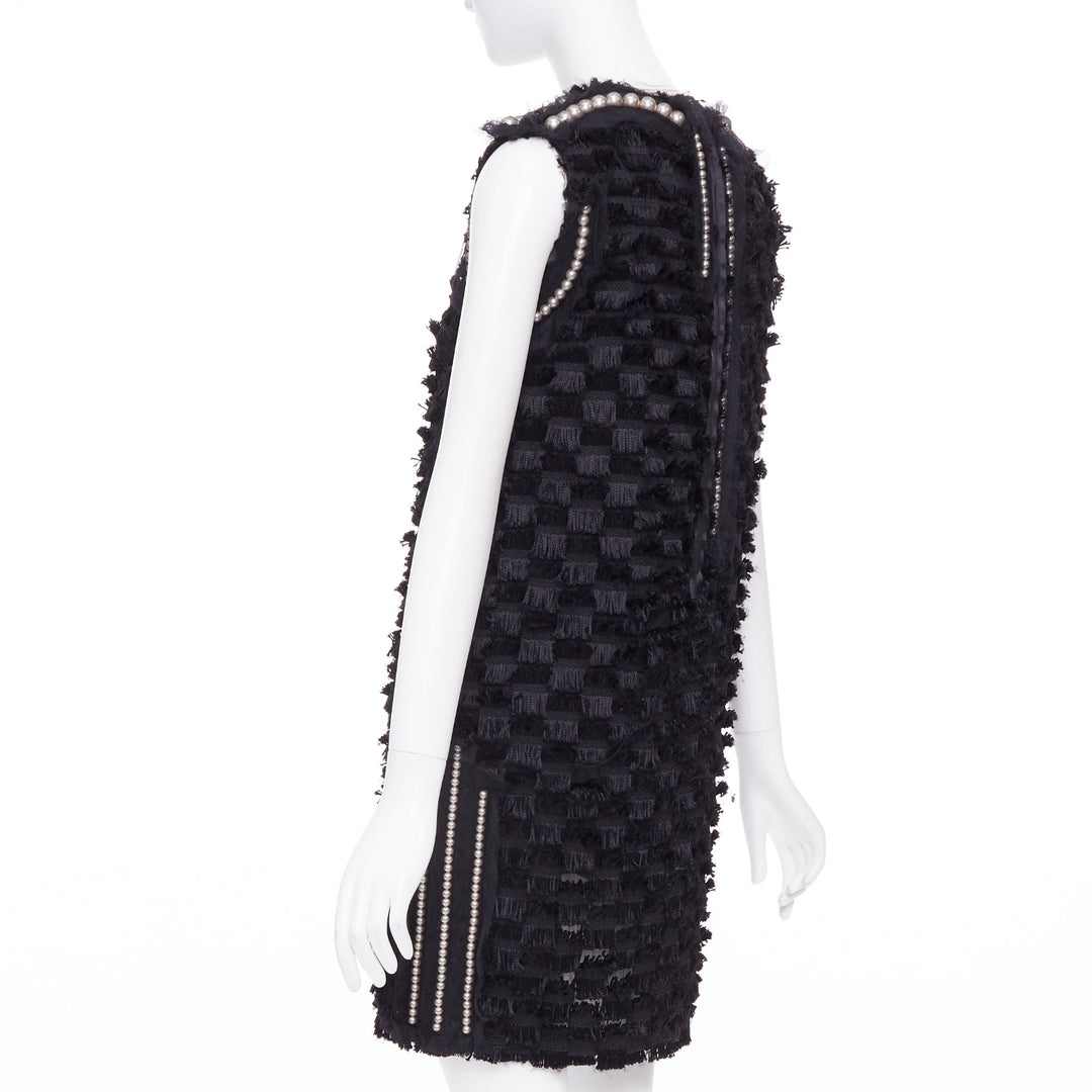 LANVIN 2015 black pearl mesh embellished eyelash fringe silk lined dress FR36 S